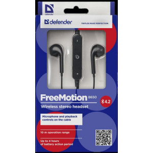 Гарнитура Bluetooth Defender FreeMotion B650; вставные; беспроводныe; черныe;